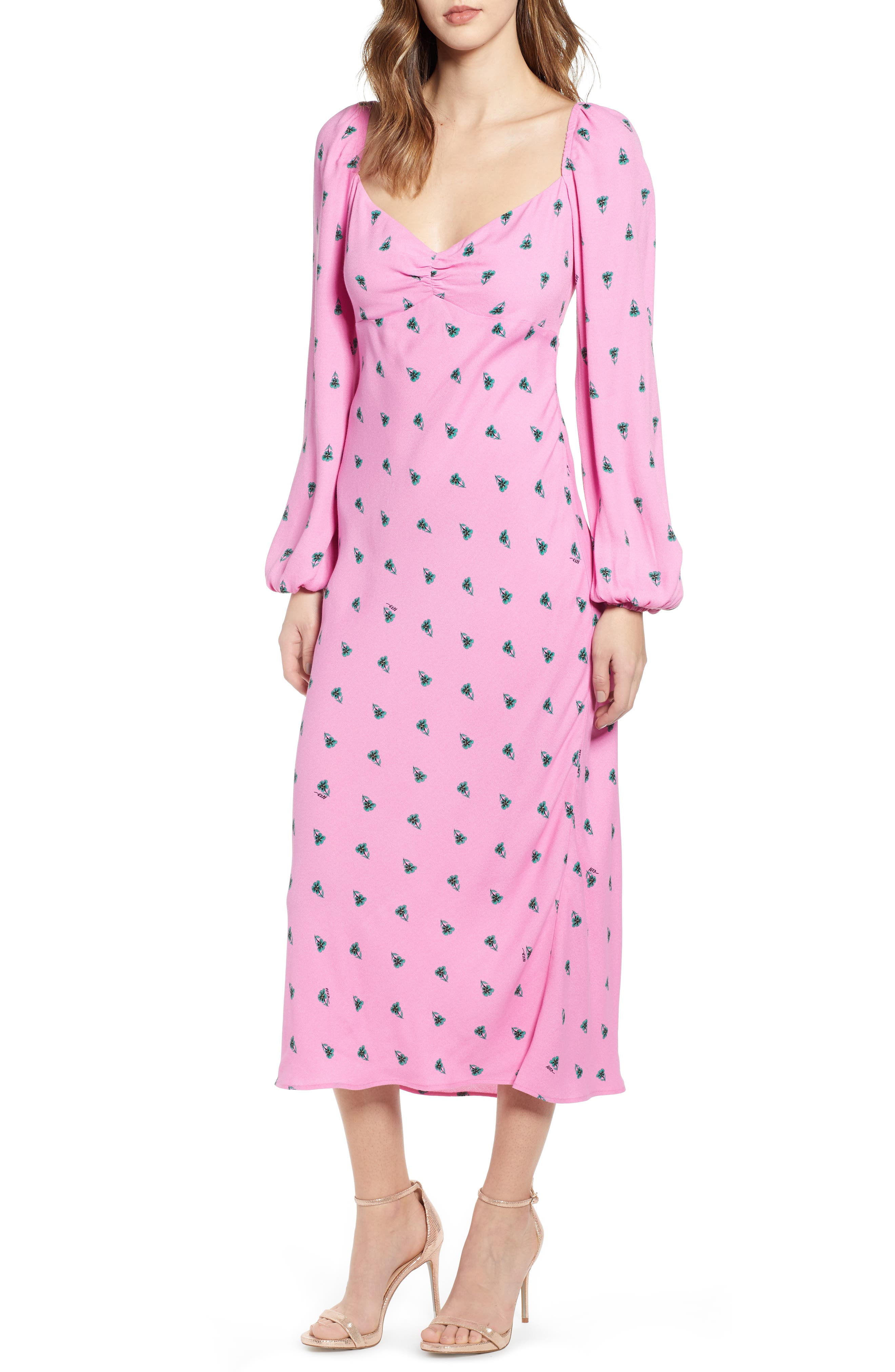 Afrm Trixie Balloon Sleeve Midi Dress, Pink