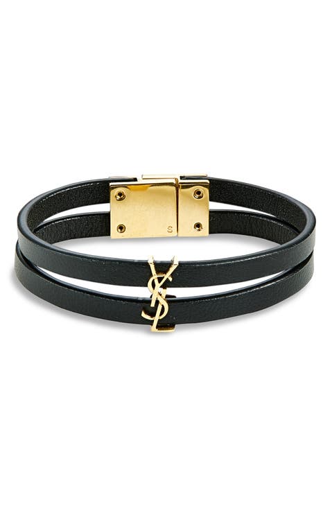 Saint Laurent Ysl Insignia Leather Bracelet in Black/Gold