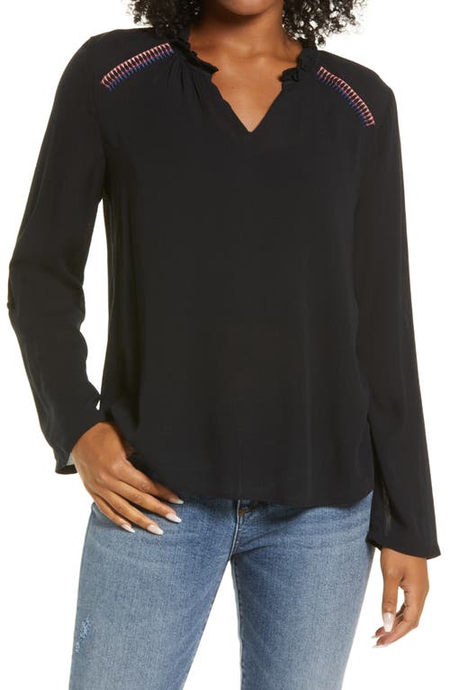 Bobeau Embroidered Long Sleeve Blouse in Pirate Black at Nordstrom, Size Small