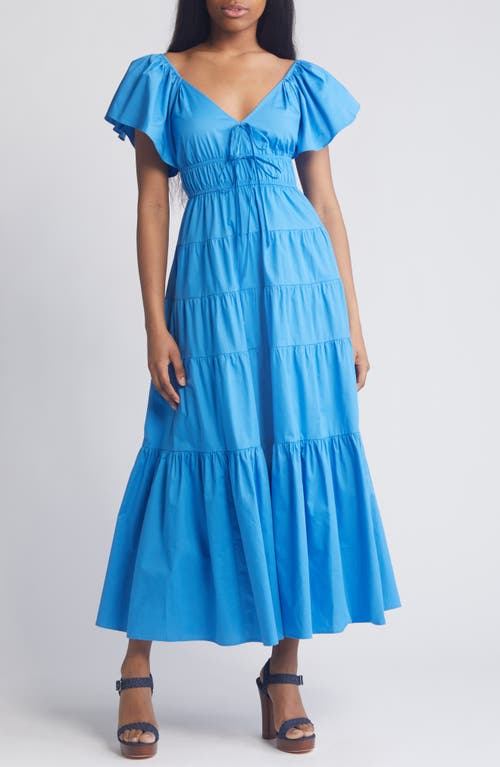 Flutter Sleeve Tiered Stretch Cotton Maxi Dress in Blue