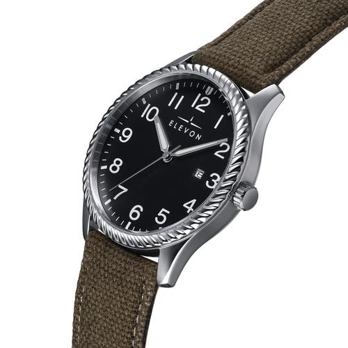 ELEVON ELEVON CROSSWIND CANVAS-OVERLAID LEATHER-BAND WATCH W/ DATE