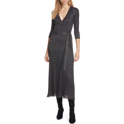 Dvf Bobbi Metallic Detail Ribbed Wool Blend Wrap Dress, Black