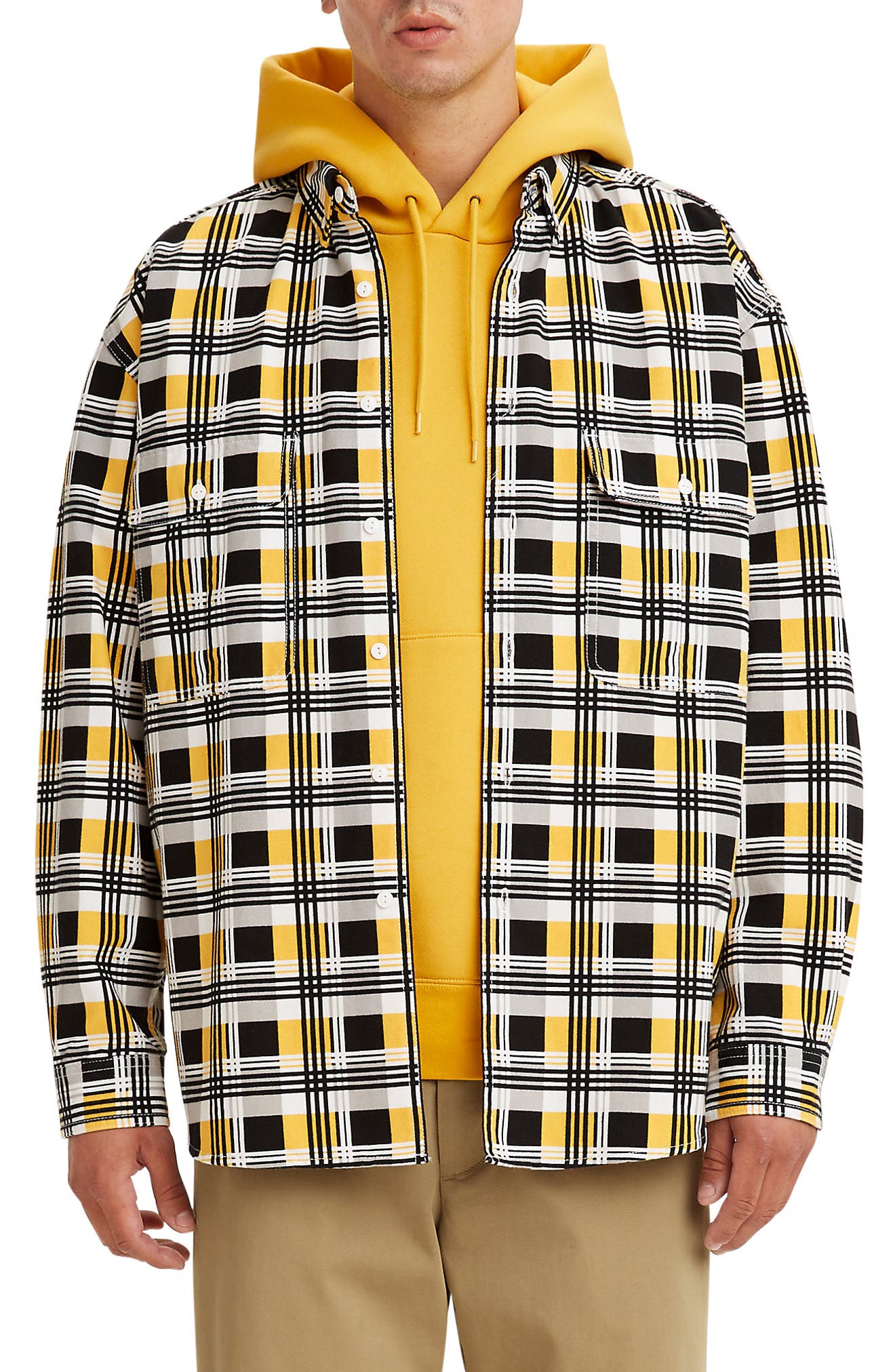 yellow button up jacket