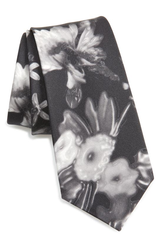 Shop Alexander Mcqueen Wax Rose Silk Tie In Black/ Light Grey