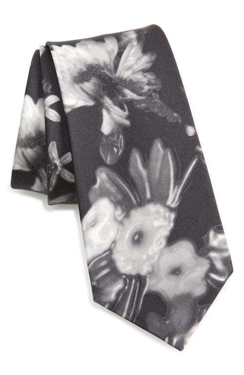 Alexander Mcqueen Wax Rose Silk Tie In Black/light Grey