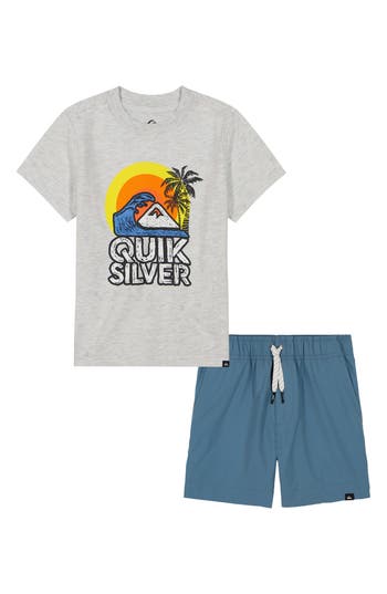 Shop Quiksilver Graphic T-shirt & Drawstring Shorts In Assorted Grey/blue