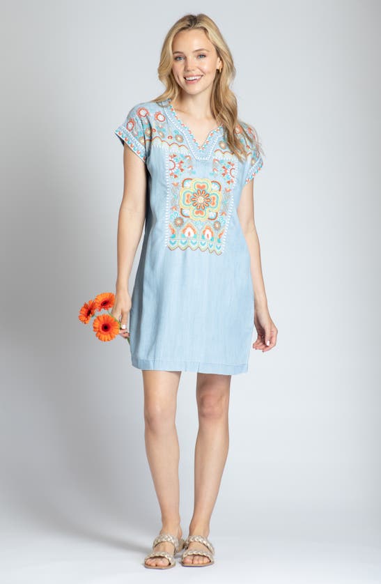 Shop Apny Floral Embroidered Shift Minidress In Light Indigo