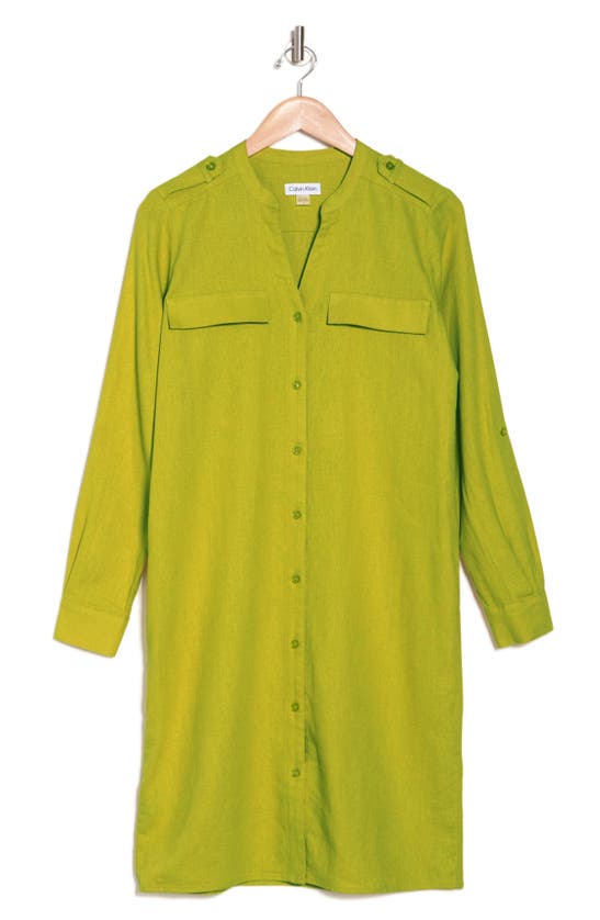 Calvin Klein Front Button Long Sleeve Linen Blend Dress In Celery