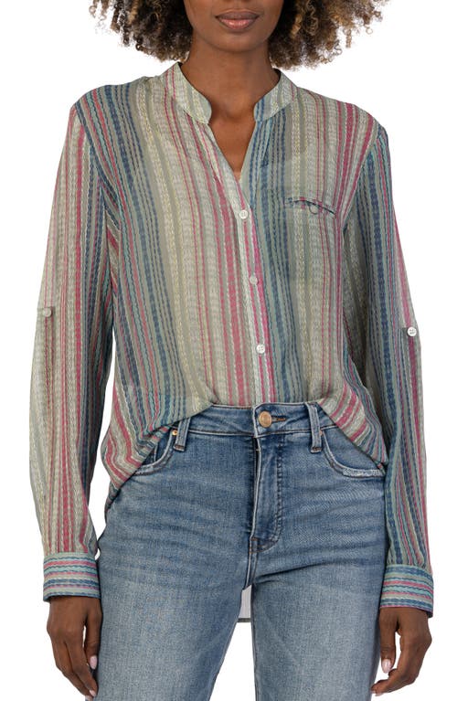 Jasmine Chiffon Button-Up Shirt in Colmar Stripe-Olive