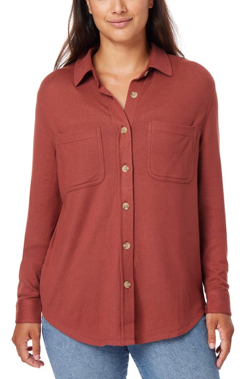 C & C California Marina Luxe Essential Knit Button-Up Shirt in Mahogany