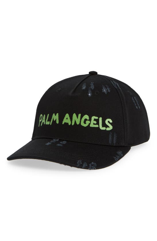 Shop Palm Angels Distressed Logo Baseball Cap In Black Green Fluo