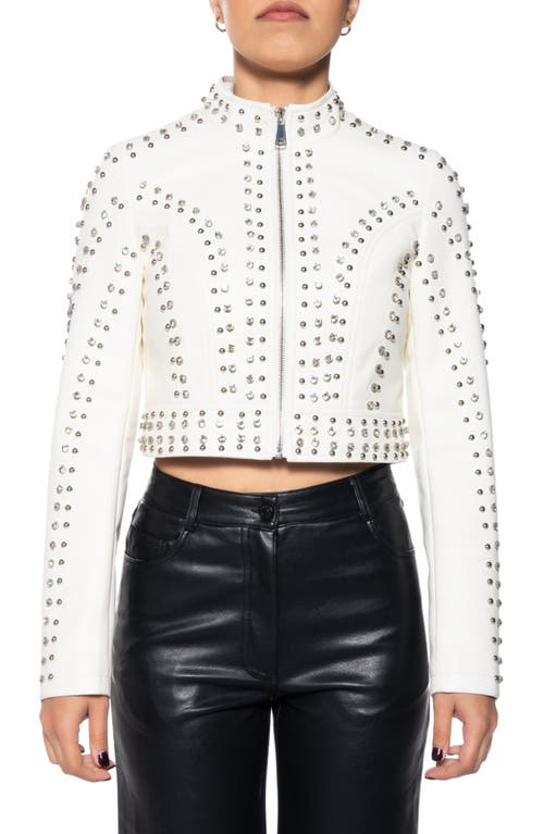 Studded Faux Leather Crop Moto Jacket in White