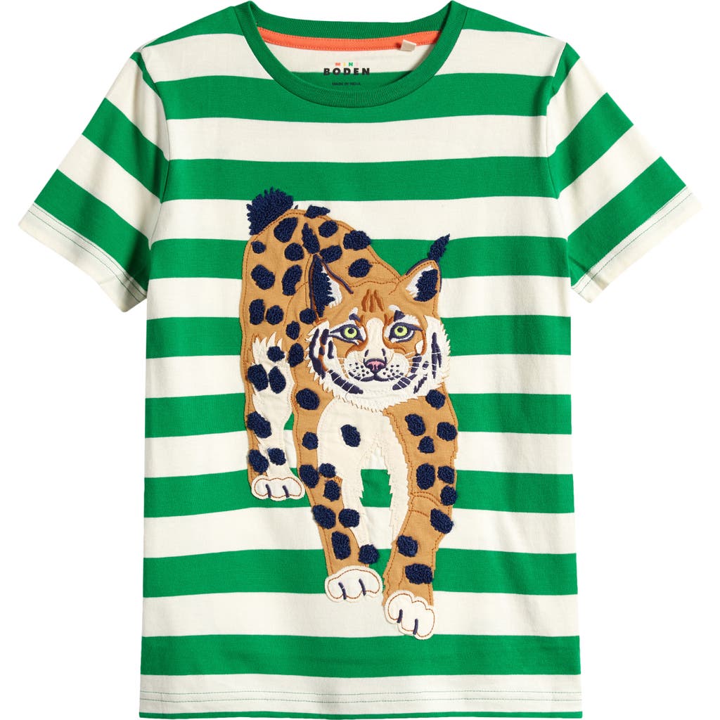 Mini Boden Kids' Big Appliqué Logo Stripe Cotton T-shirt In Runner Bean/ivory Lynx