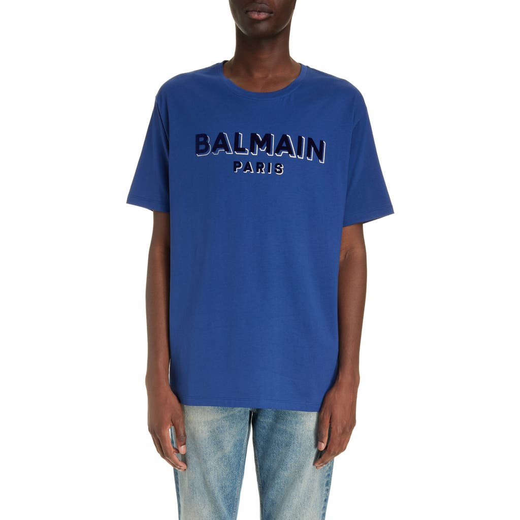 Balmain Flock & Foil Logo Graphic T-shirt In Slk Dark Blue/multi