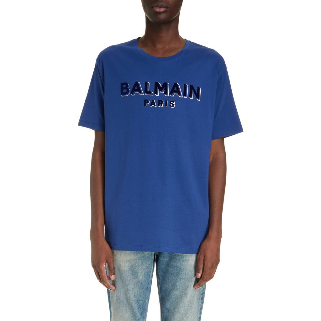Balmain Logo-flocked Organic Cotton T-shirt In Slk Dark Blue/multi
