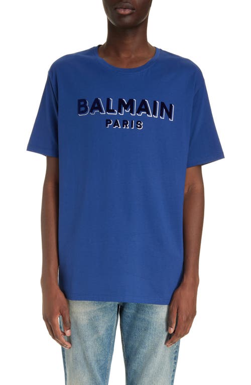 Balmain Flock & Foil Logo Graphic T-Shirt Slk Dark Blue/Multi at Nordstrom,