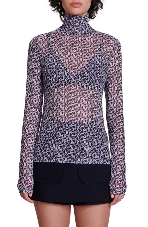 maje Thomaso Print Mesh Turtleneck Top Black /White at Nordstrom,