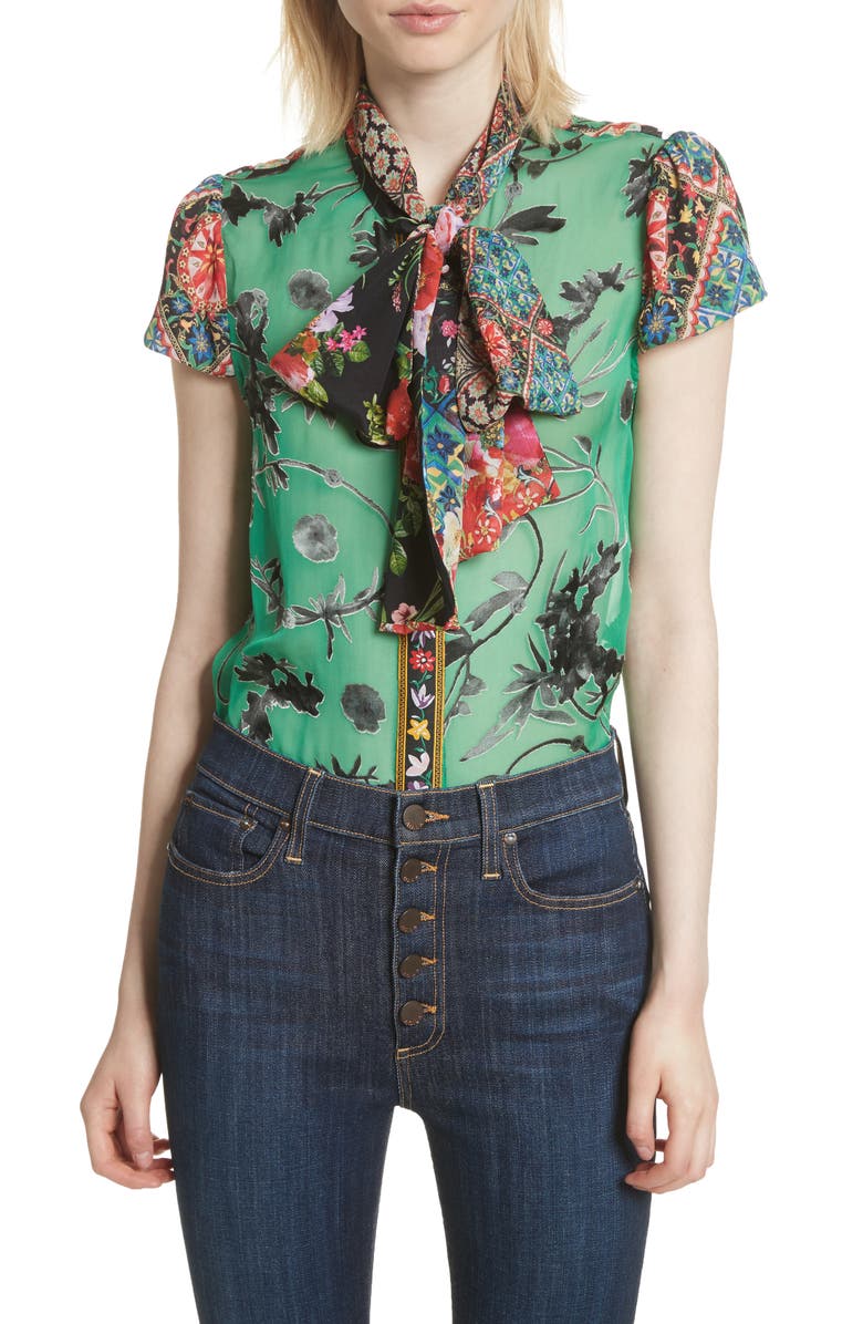 Alice + Olivia Bow Neck Mixed Print Blouse | Nordstrom