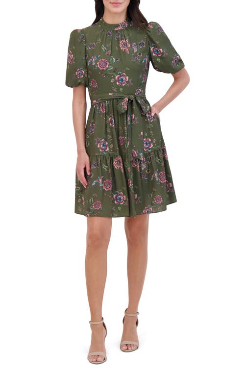 Shop Eliza J Floral Print Puff Sleeve Dress In Olive