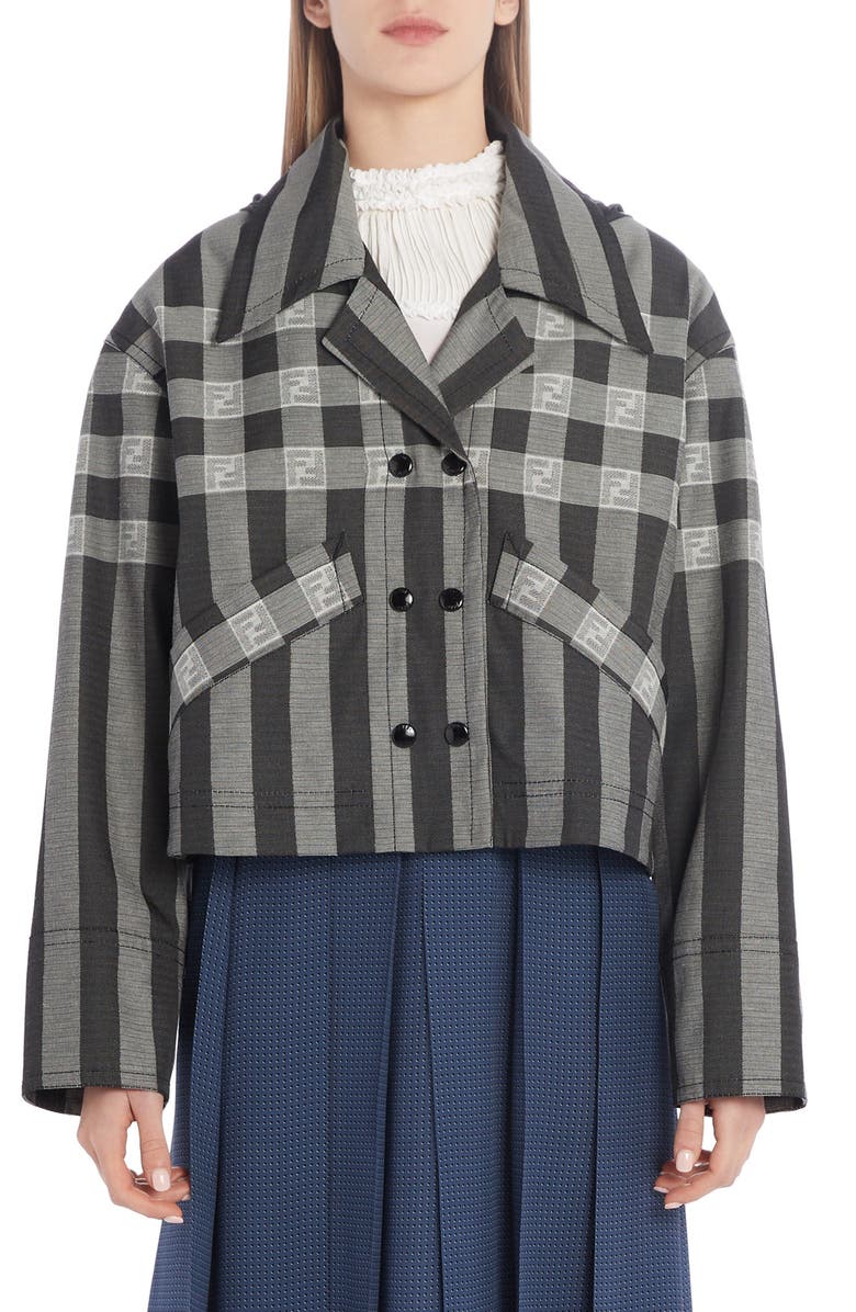 FENDI FF Logo Check & Stripe Jacquard Hooded Crop Jacket, Main, color, DRUM