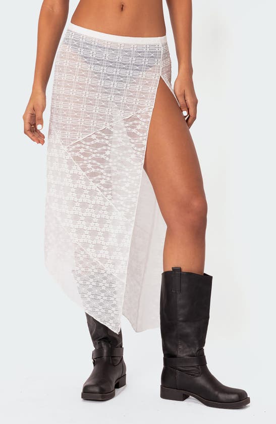 Shop Edikted Sheer Patchwork Lace Midi Skirt In White