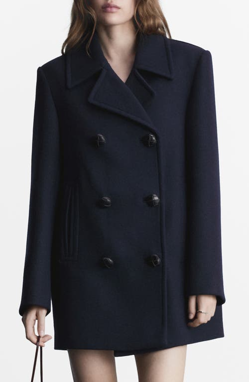 Mango Double Breasted Wool Blend Coat In Dark Navy