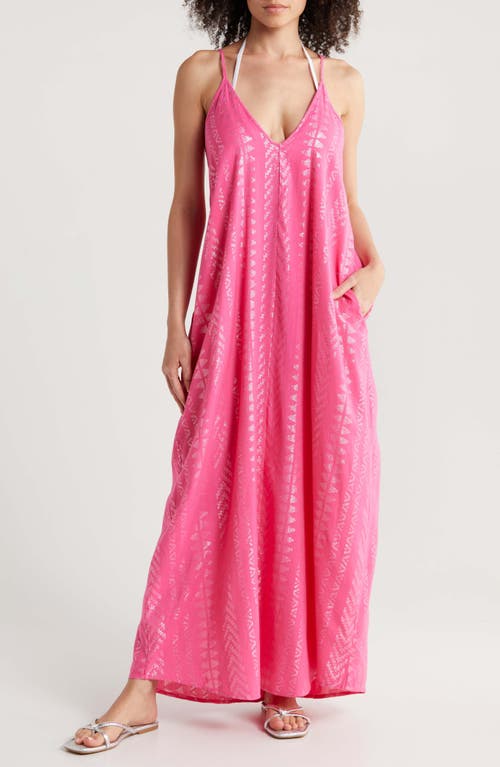 V-Neck Cover-Up Maxi Slipdress in Pink/Silver