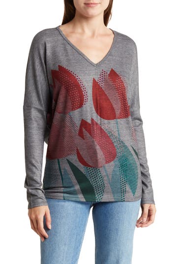 Shop Go Couture Open V-neck Spring Sweater In Grey/summer Song
