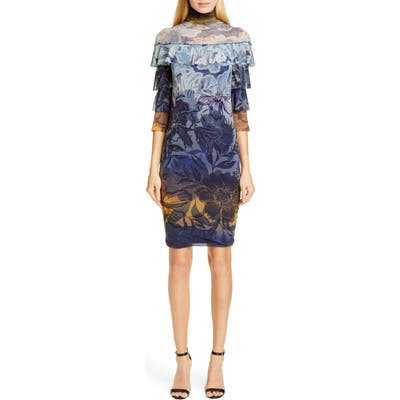 Fuzzi Degrade Floral Ruffle Sleeve Dress, Black