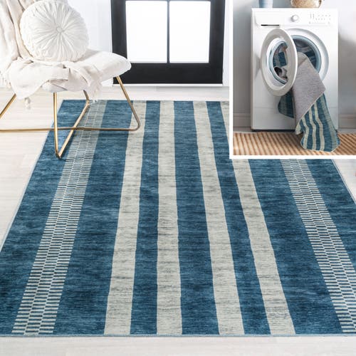 Jonathan Y Vichy Geometric Striped Machine-washable Area Rug In Blue/cream