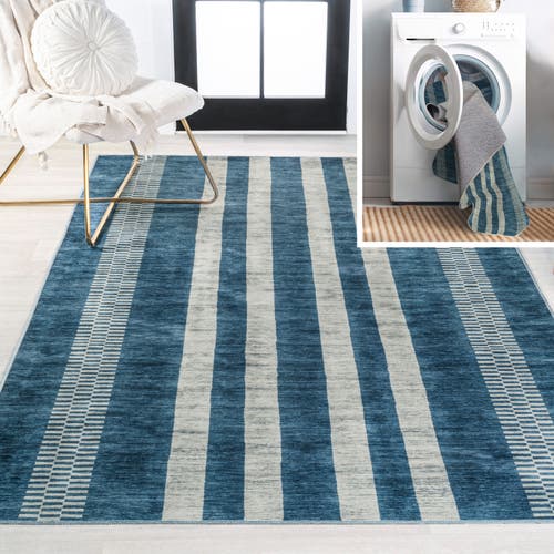 Shop Jonathan Y Vichy Geometric Striped Machine-washable Area Rug In Blue/cream