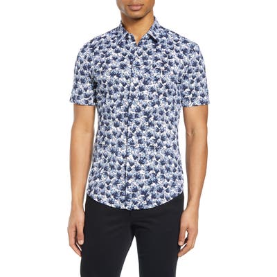 Boss Robb Slim Fit Floral Short Sleeve Button-Up Performance Shirt, Blue
