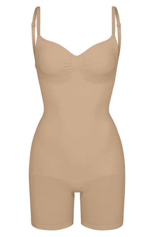 Shop Skims Seamless Sculpt Low Back Mid Thigh Bodysuit In Clay