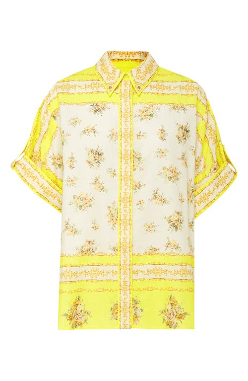 ALEMAIS Catalina Floral Border Print Cotton & Linen Shirt in Lemon