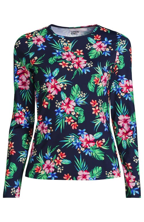 Shop Lands' End Long Crew Neck Long Sleeve Rash Guard Upf 50 Sun Protection Modest Swim Tee In Deep Sea Navy Rosella Floral