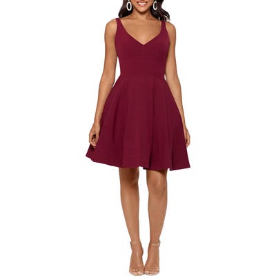 Xscape V-Neck Fit & Flare Dress, Burgundy