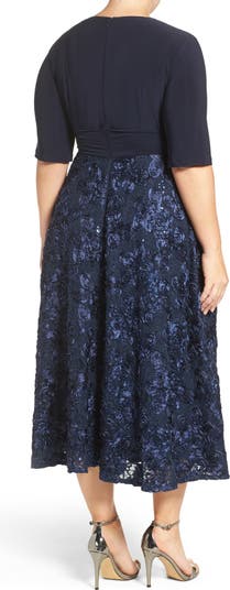 Alex Evenings Tea Length Jersey Rosette Lace Dress Nordstrom