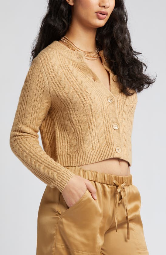 Open Edit Cable Knit Crop Cardigan In Tan Cartouche
