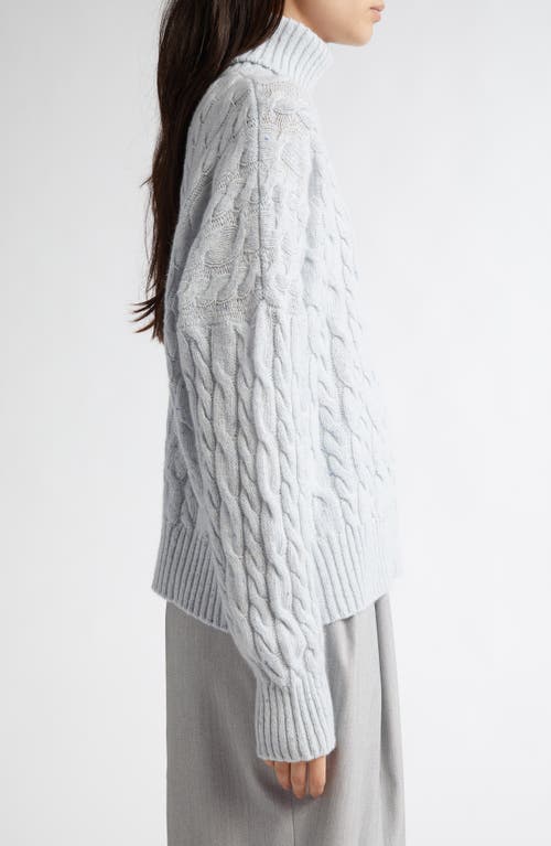 Johnstons Of Elgin Cable Knit Donegal Cashmere Turtleneck Sweater In Ice Blue Donegal