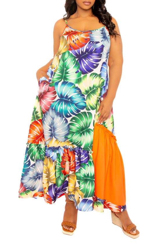 Shop Buxom Couture Palm Print Blocked Maxi Sundress In Orange Multi