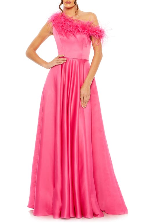 Mac Duggal Feather Trim One-Shoulder Gown Hot Pink at Nordstrom,
