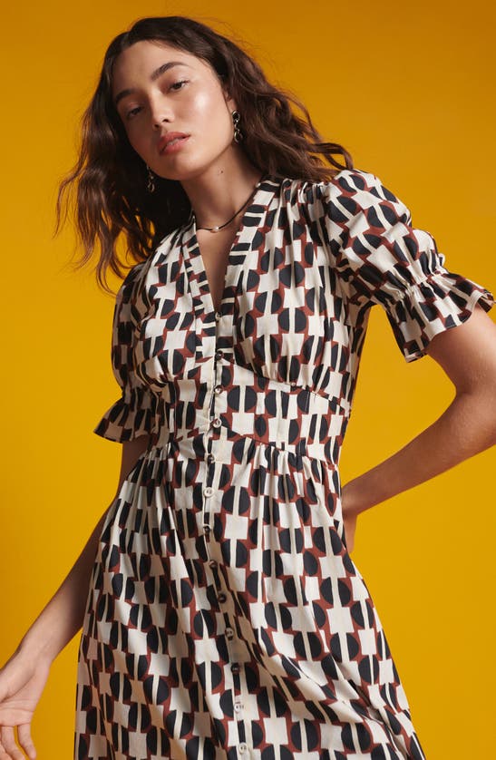 Shop Dvf Erica Geo Print Cotton Button-up Midi Dress In Maypole Black