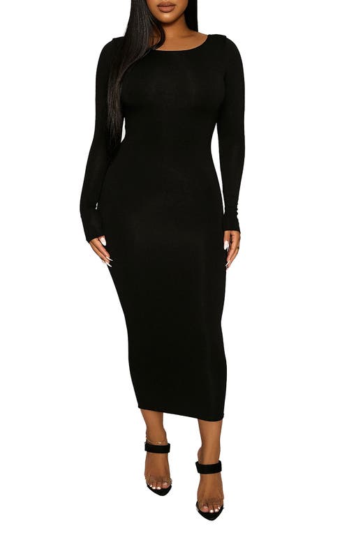 Timeless Long Sleeve Body-Con Midi Dress in Black