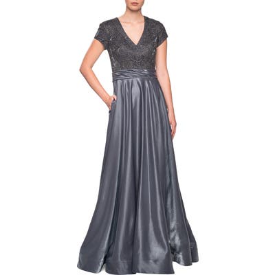 La Femme Two-Tone Satin A-Line Gown, Grey