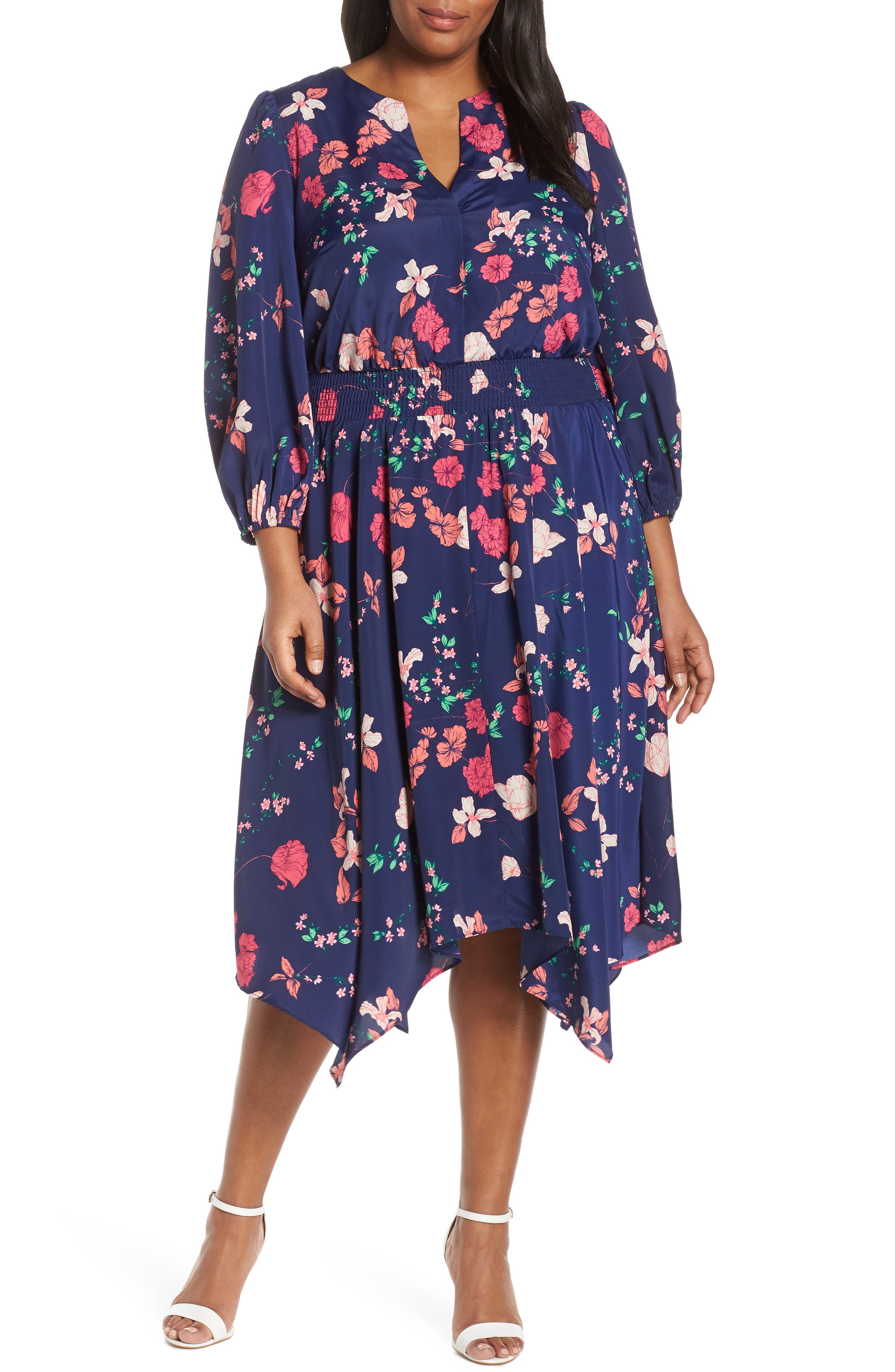 Plus Size Eliza J Poet Sleeve Smock Waist Dress, Blue