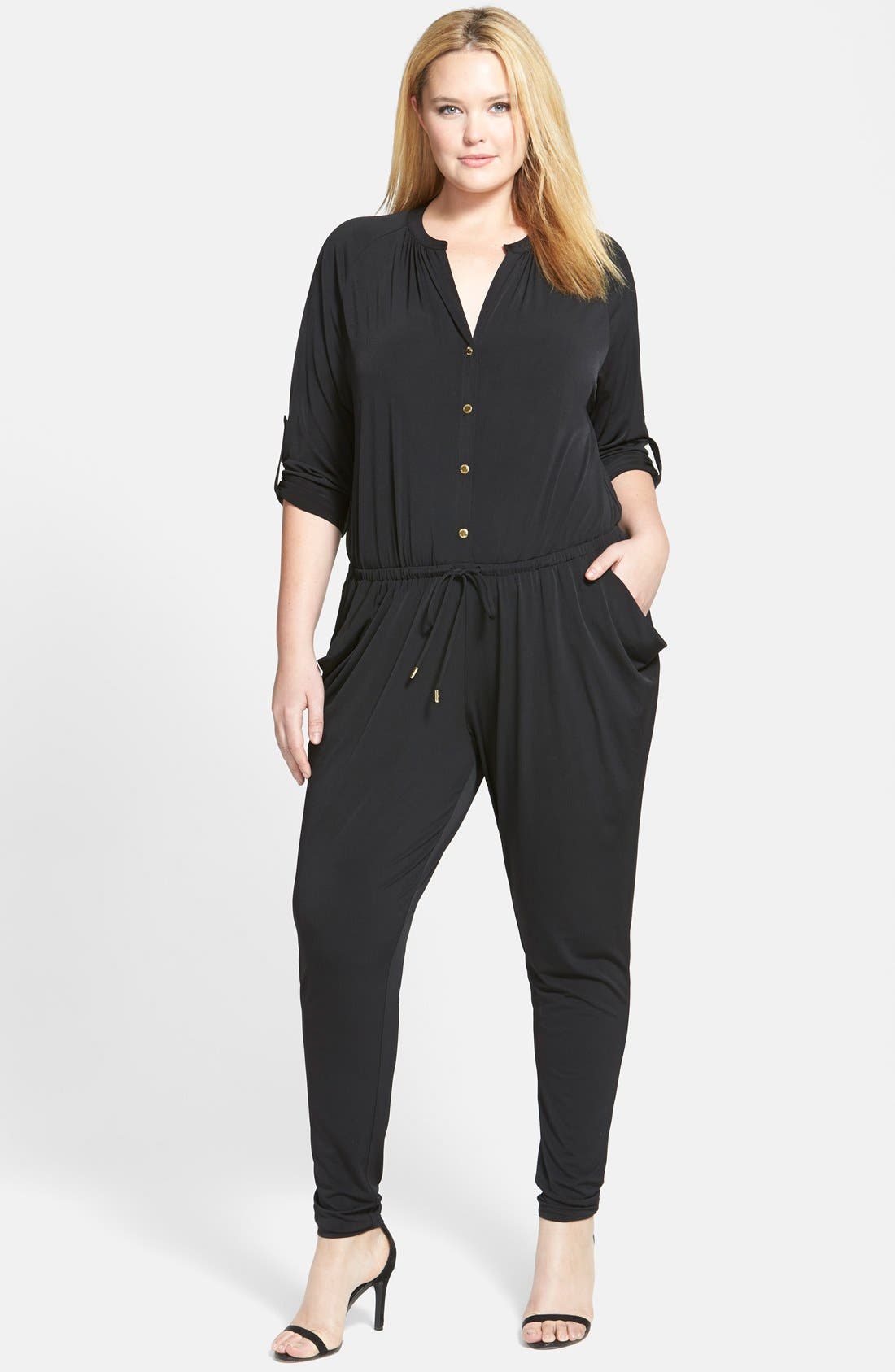 MICHAEL Michael Kors Shirred Roll Sleeve Jersey Jumpsuit (Plus Size