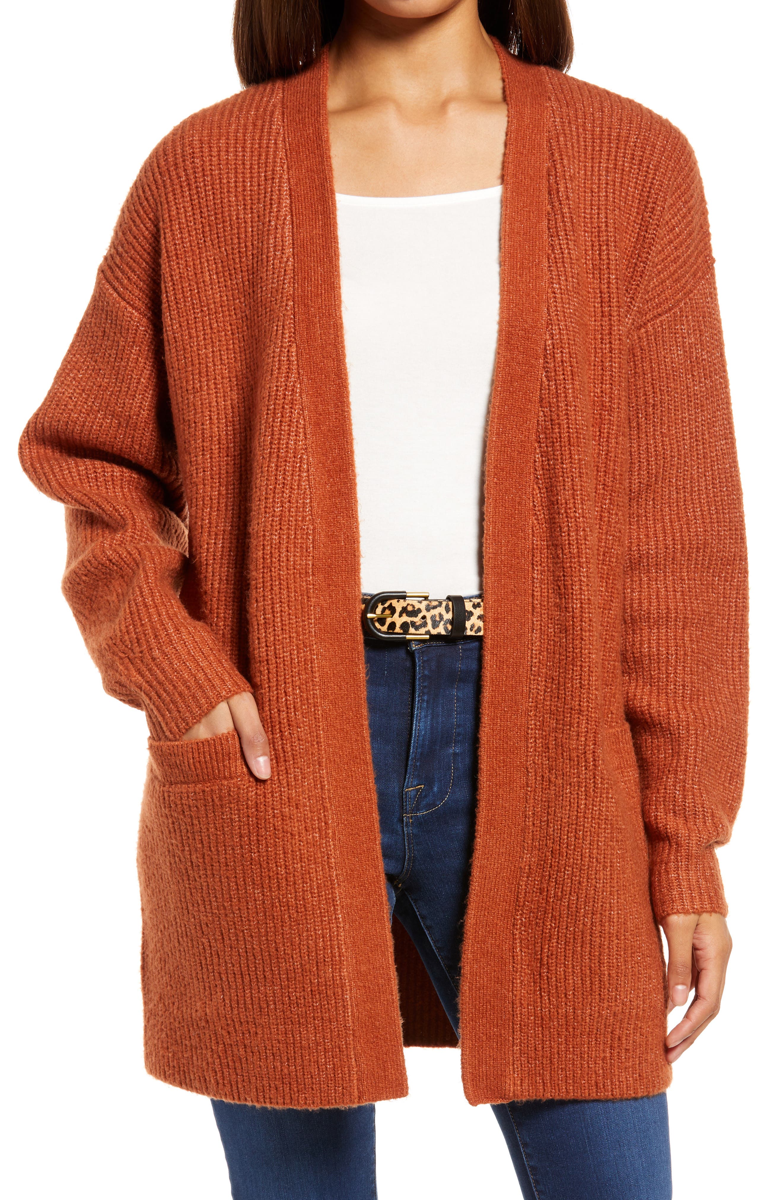 long brown knitted cardigan