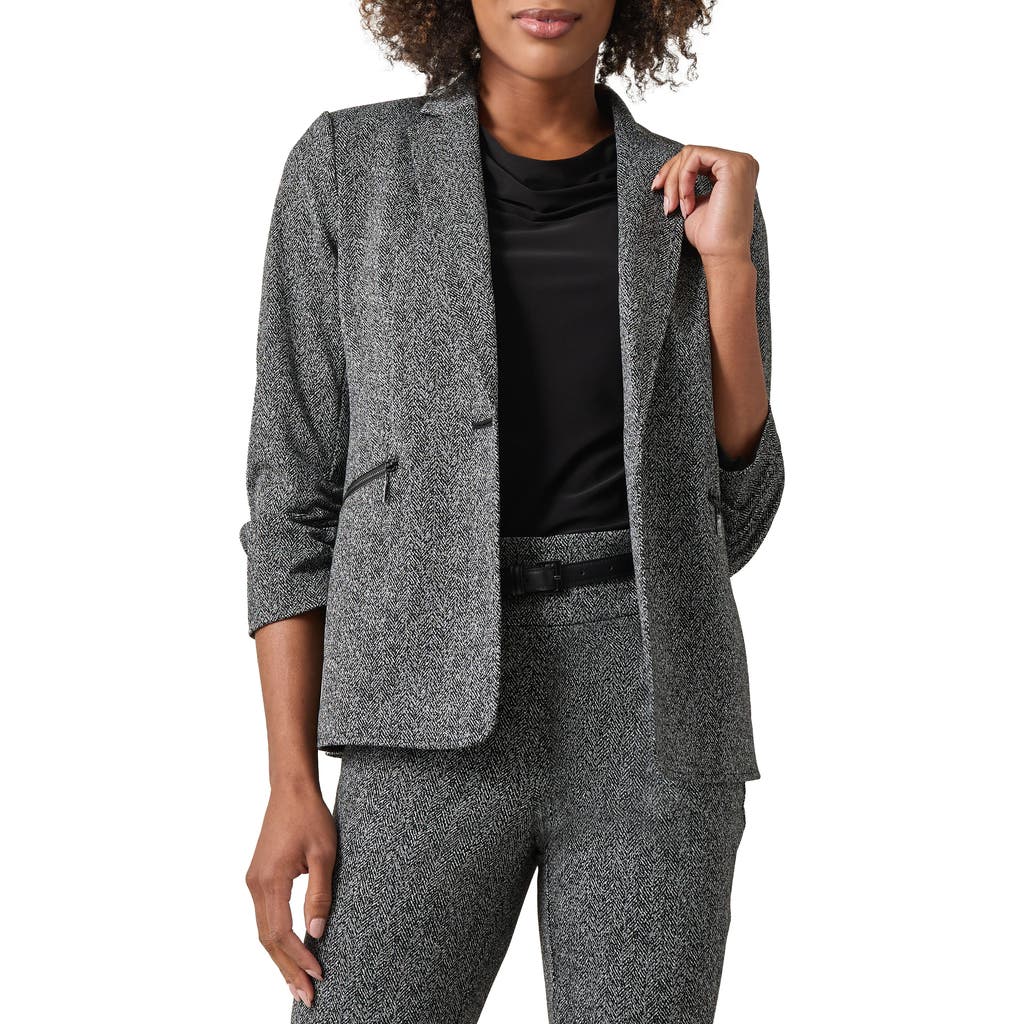 Shop Kasper Ruched Sleeve Herringbone Jacket In Black Multi