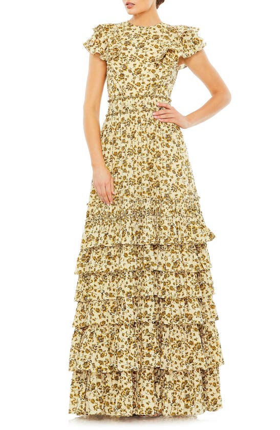 Shop Mac Duggal Floral Tiered Ruffle Gown In Taupe Multi