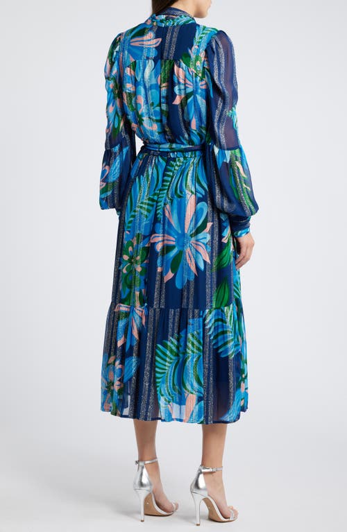 Shop Ciebon Adele Metallic Long Sleeve Midi Dress In Blue Multi